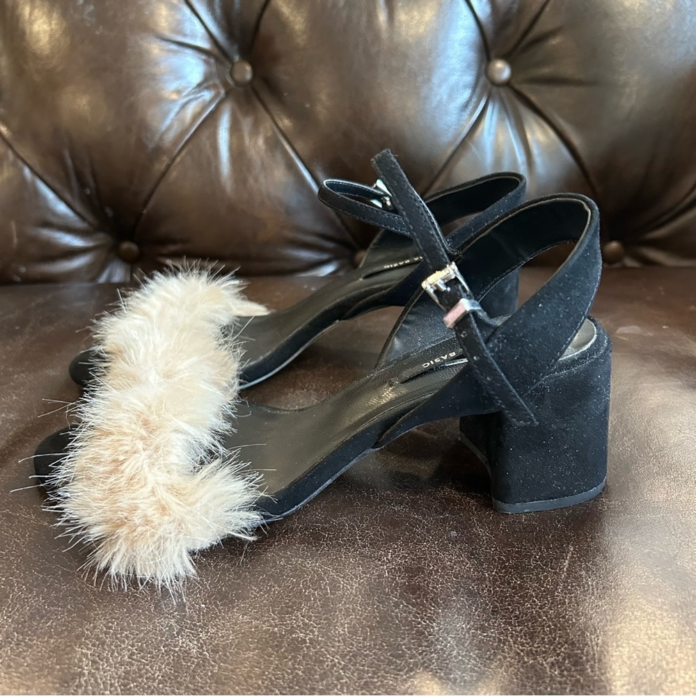 Zara Black faux fur black suede block heel sandals size 36